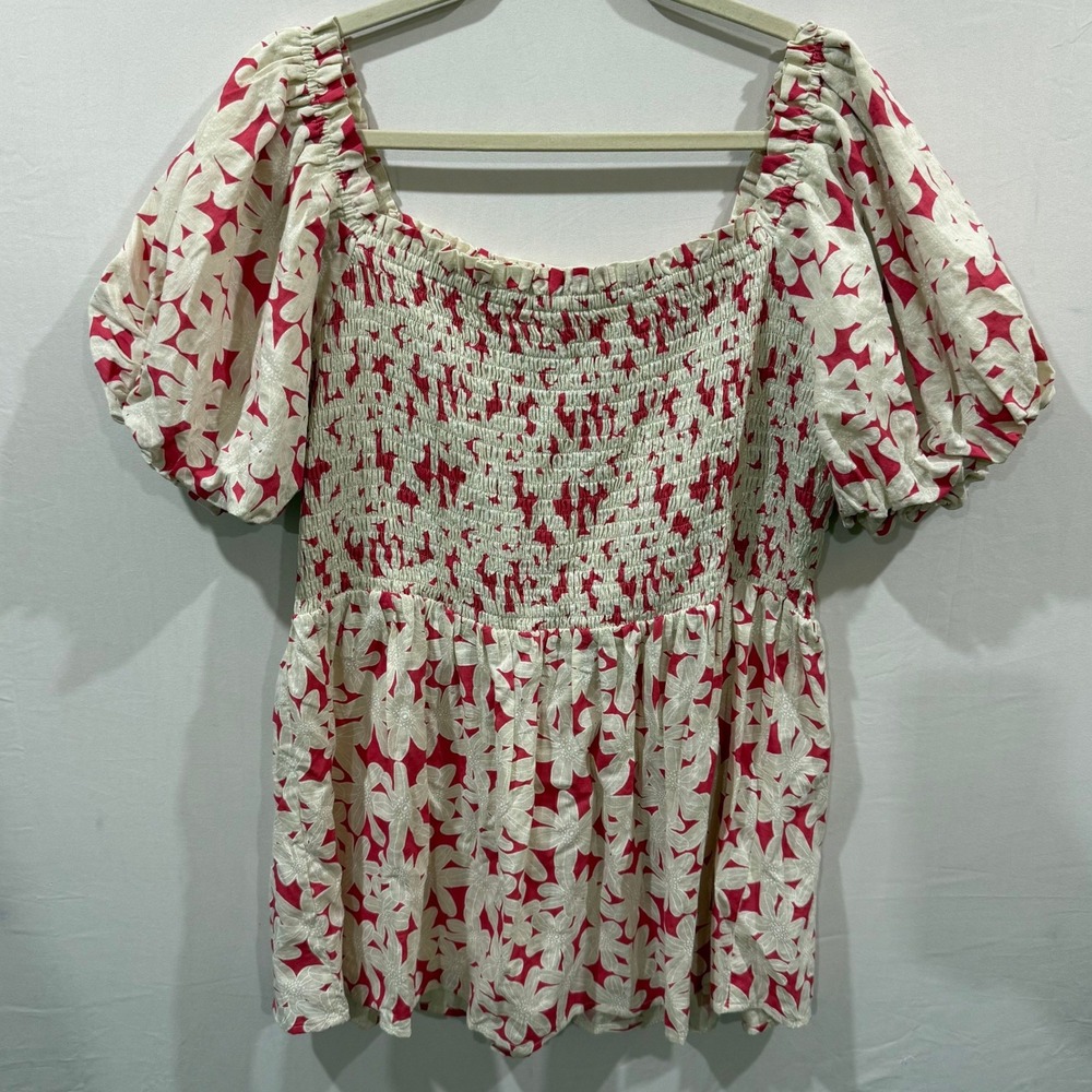 Doe and Rae Red Cream Floral Smocked Puff Sleeve Top Womens 1XL S#44180TPL